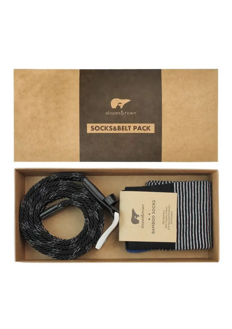 Lahjapakkaus Kenny -vyö ja mustavalkoraidalliset sukat 40-44